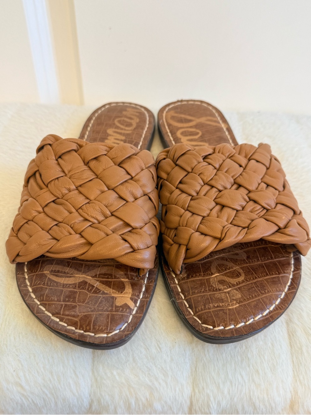Sam Edelman Griffin Women’s 8.5 Brown Woven Leather Slide Sandals Cognac